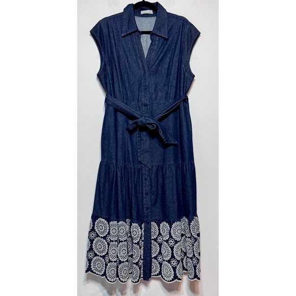 Solitaire Cottagecore Denim Maxi Shirt Dress Size XL Embroidered Eyelet Western - Picture 1 of 8